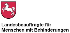 Das Logo der Landesbeauftragten: Das weiße Niedersachsenross auf rotem Hintergrund mit dem Schriftzug "Landesbeauftragte für Menschen mit Behinderungen" (verweist auf: „Alle reden miteinander! 3.0“ – Pandemie)