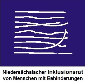 Hier sieht man das Logo des Niedersächsischen Inklusionsrates von Menschen mit Behinderungen: Weiße ungleichmäßige horizontale Striche, die sich kreuzen, vor dunkel-lila Hintergrund.