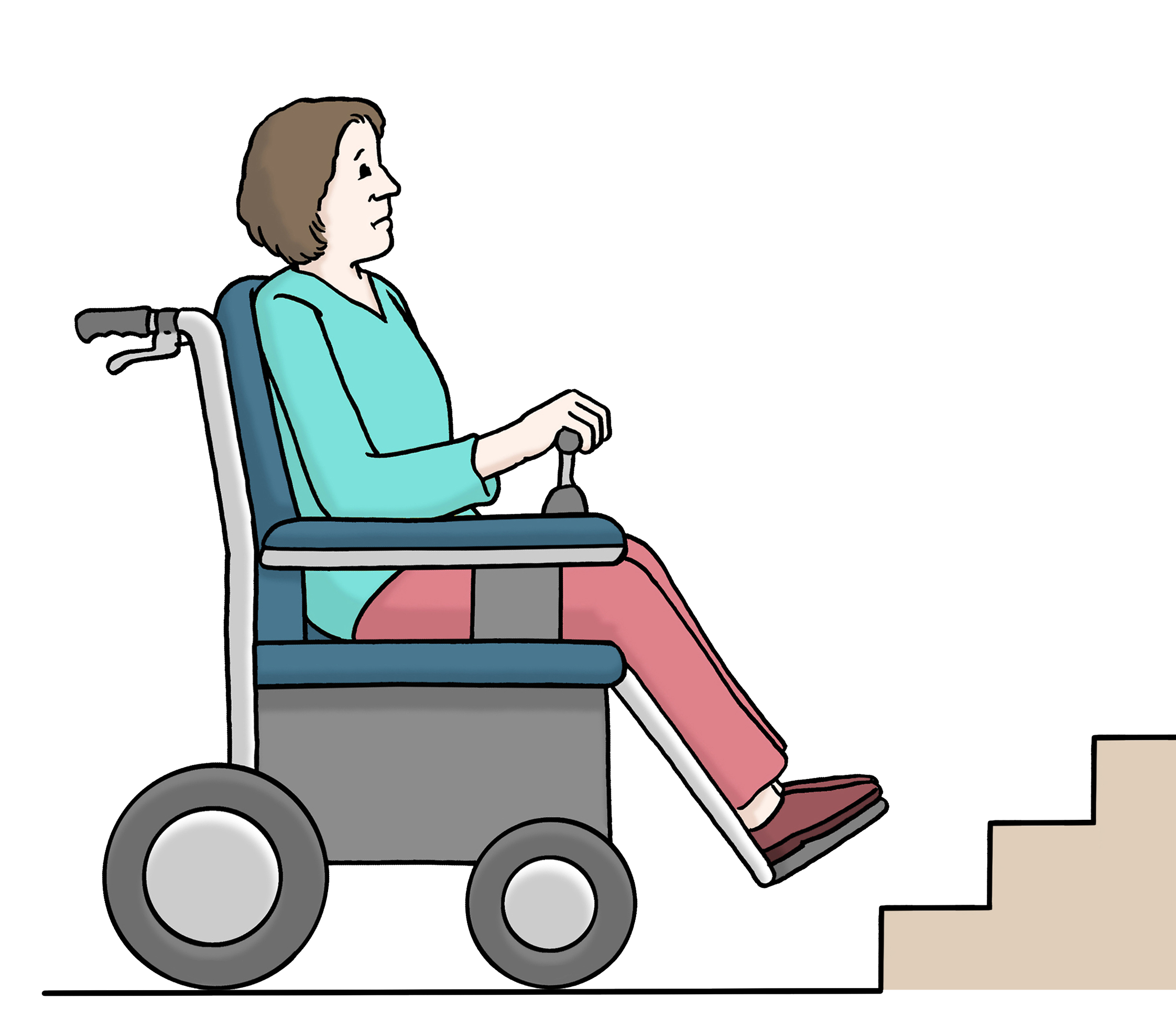 Zeichnung einer Person im Rollstuhl, die am Anfang einer aufsteigenden Treppe steht. 