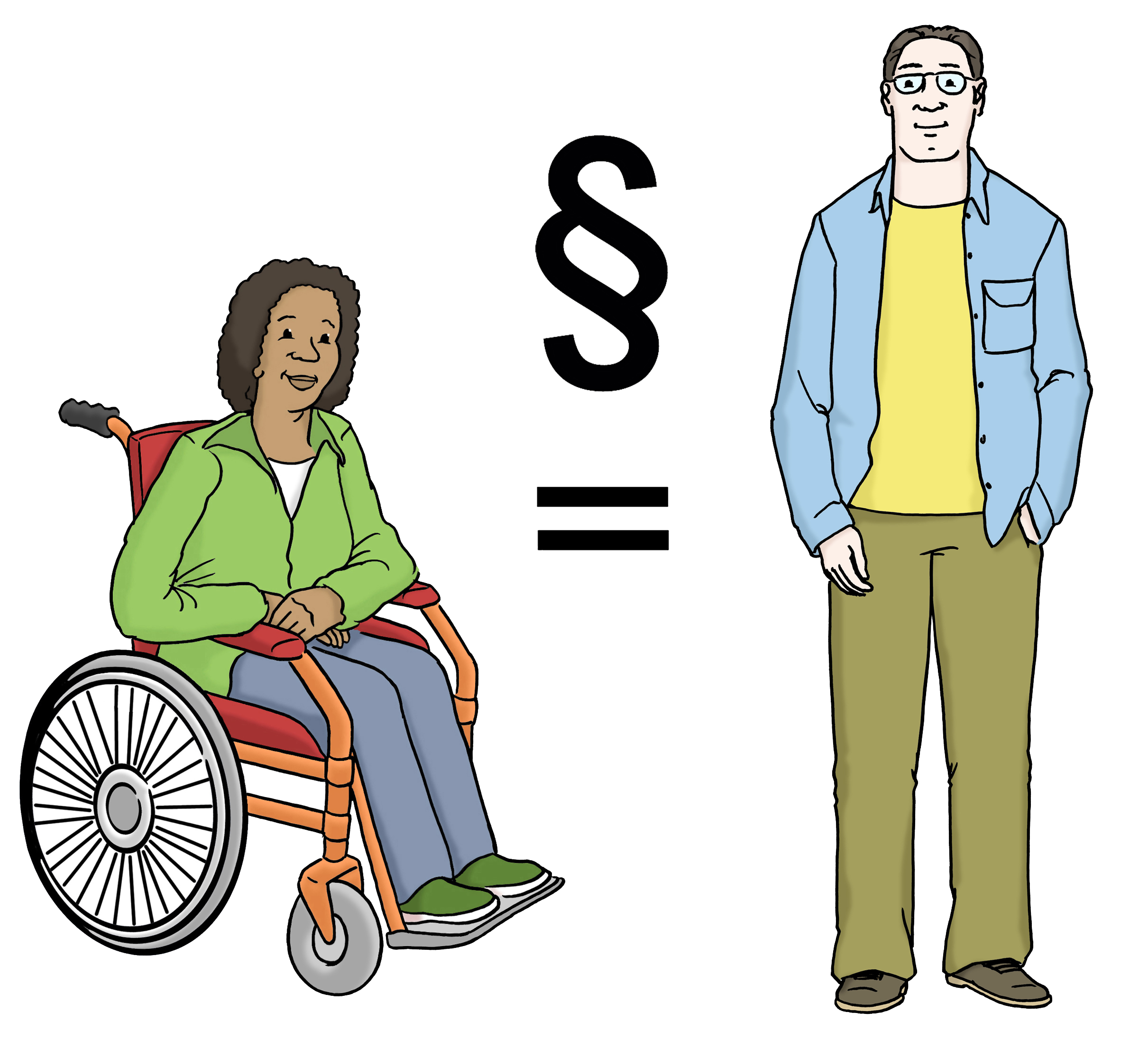 Zeichnung: Ein Mensch im Rollstuhl links, ein stehender Mensch rechts, in der Mitte ein Gleichzeichen mit einem Paragrafenzeichen.