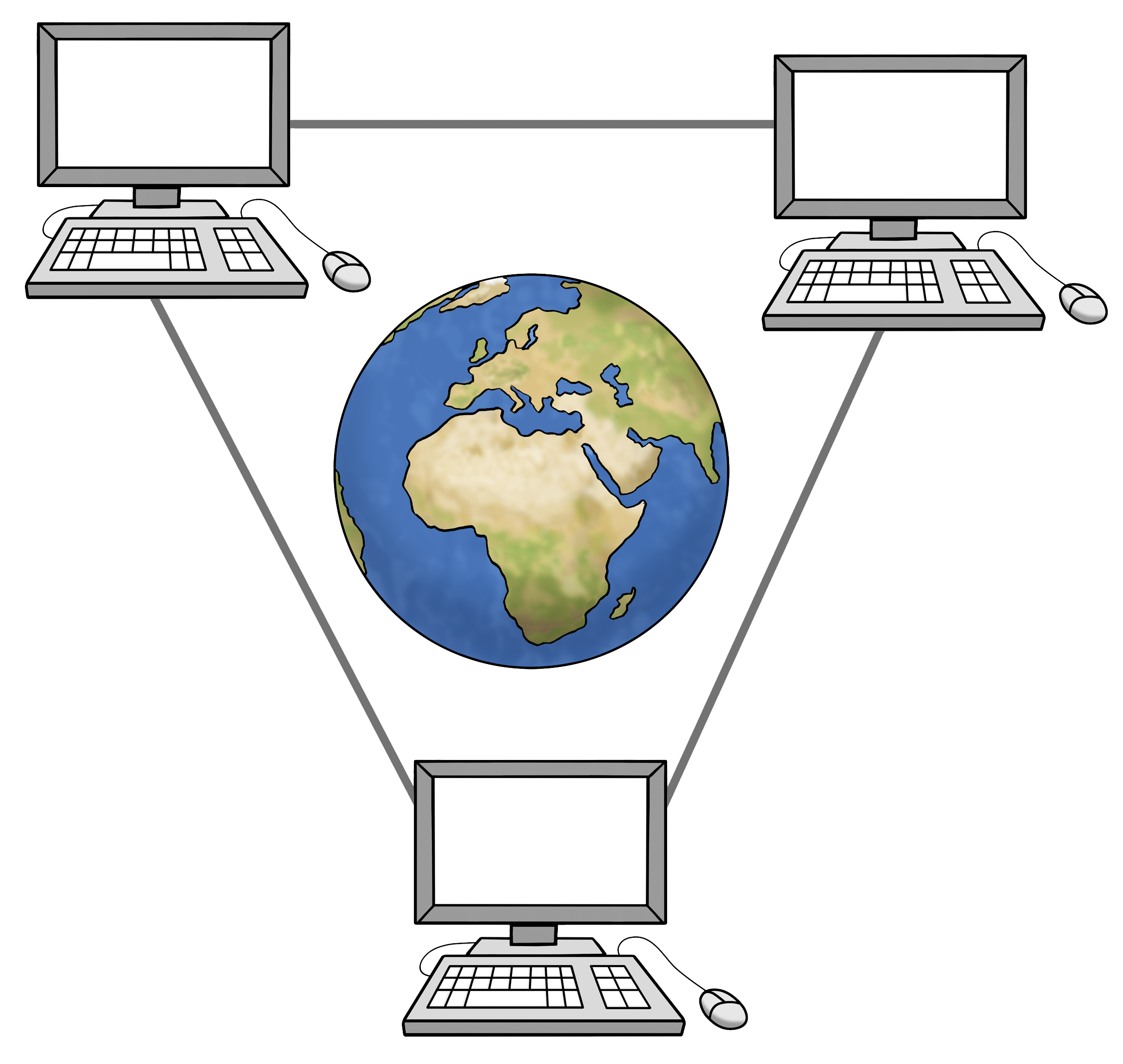Zeichnung: Computer sind über die gesamte Welt miteinander verbunden.  Zeichnung: Computer sind über die gesamte Welt miteinander verbunden.