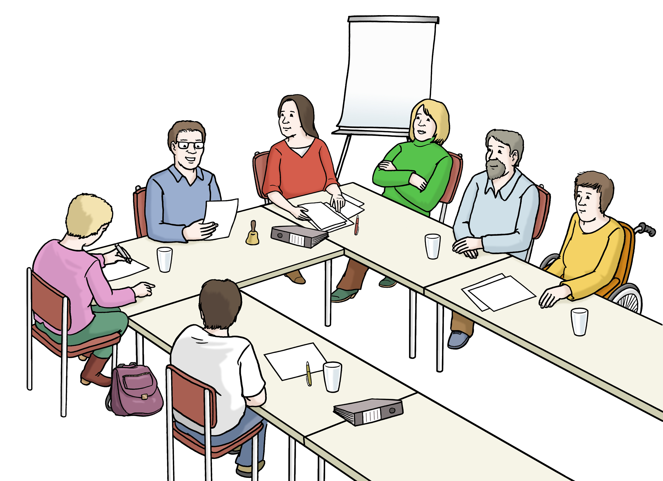 Zeichnung von mehreren Menschen, die mit Papieren an Tischen zueinander gewandt sitzen