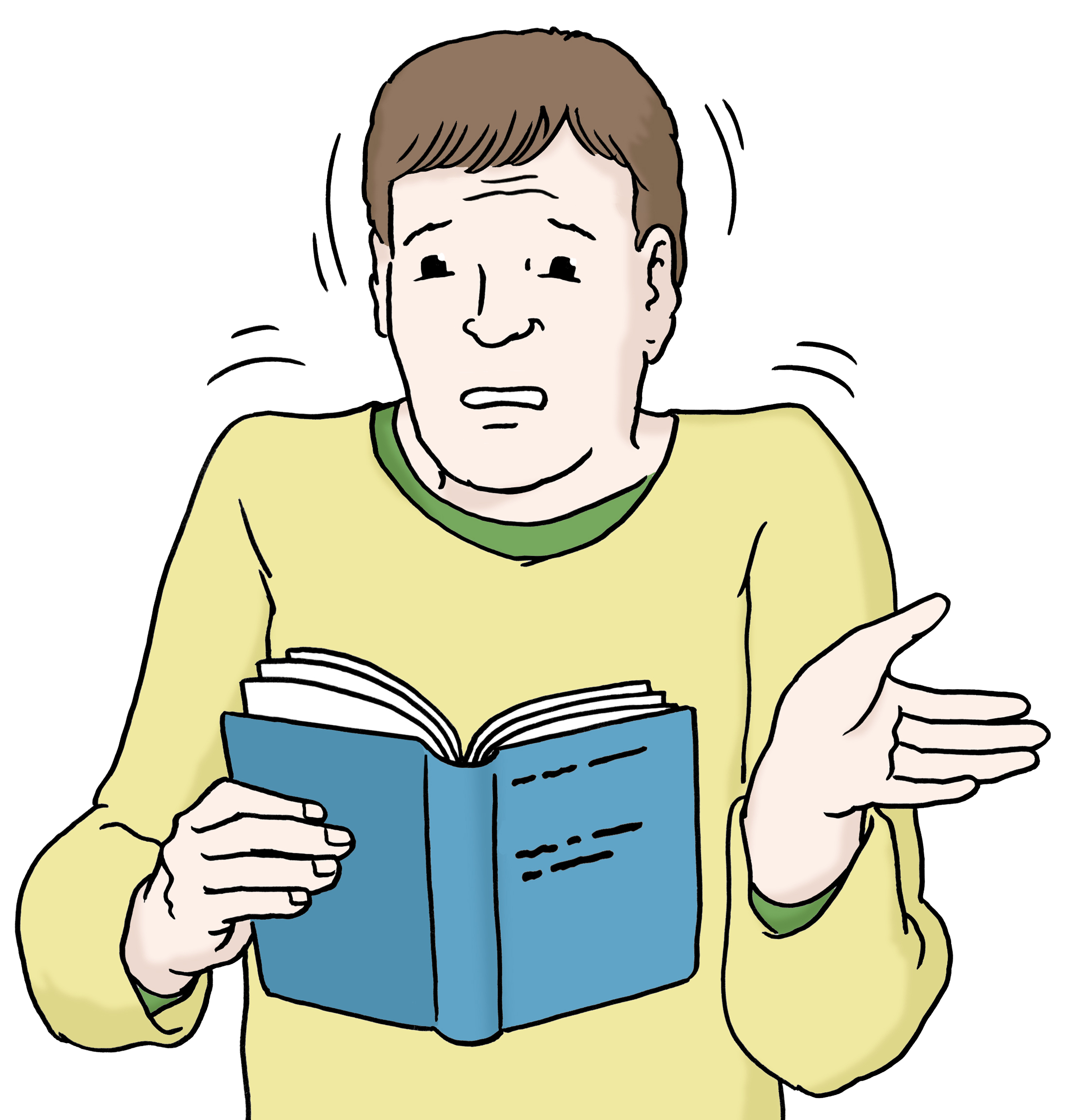 Zeichnung eines Mannes, der ein Buch in den Händen hält und den Inhalt nicht zu verstehen scheint.