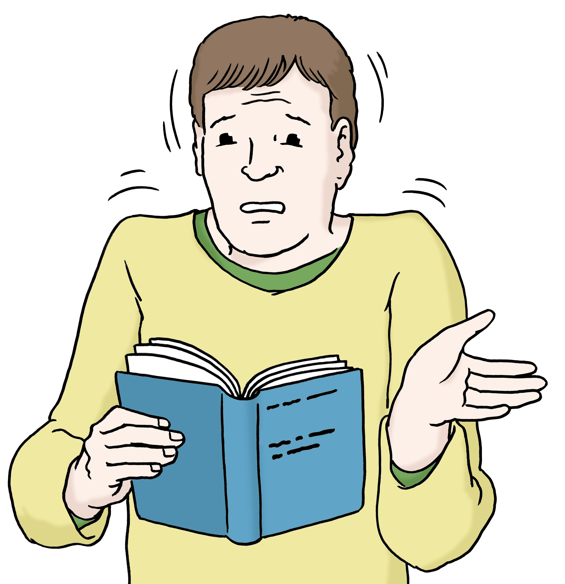 verweist auf: Mehr Texte in Leichter Sprache Zeichnung eines Mannes, der ein Buch in den Händen hält und den Inhalt nicht zu verstehen scheint. (verweist auf: Mehr Texte in Leichter Sprache)