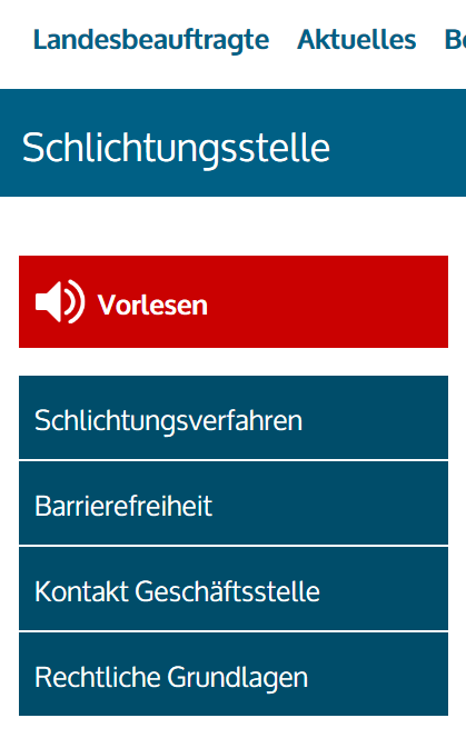 Bildschirmfoto des Menüs "Schlichtungsstelle"